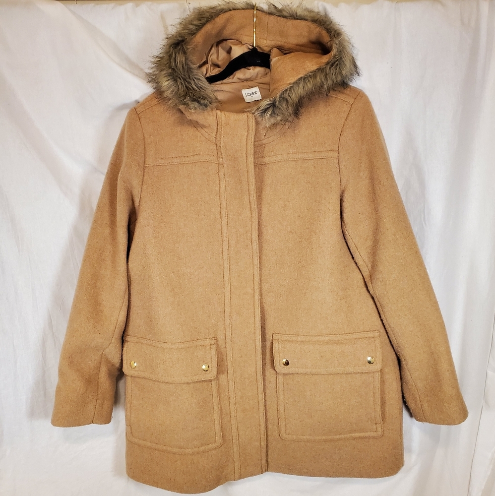 J. Crew Factory Women's Vail Parka Faux Fur Hood Wool Blend Acorn Tan Coat Large